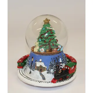 Dekorative Spieluhr / Schneekugel mit Weihnachtsbaum + fahrendem Zug