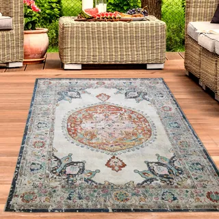 CARPETIA In- & Outdoor Teppich Vintage Orientmuster Bunt 160x230 cm | Pflegeleicht, wetterfest, farbecht und strapazierfähig, OEKO-TEX geprüft, für Fußbodenheizung, Balkon & Terrasse
