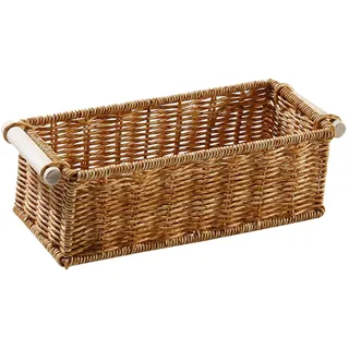 Rattan-Korb, handgefertigt, gewebte Aufbewahrungskörbe, Imitation, Weidenkorb mit Holzgriff, rechteckig, schmal, gewebte Körbe für Küchenregale, Schlafzimmer, Kleiderschrank (S)
