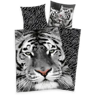 Herding Kinderbettwäsche Bettwäsche Set weißer Tiger 135 x 200 cm 80 x 80 cm 100% Baumwolle, 1 teilig, Langlebig grau