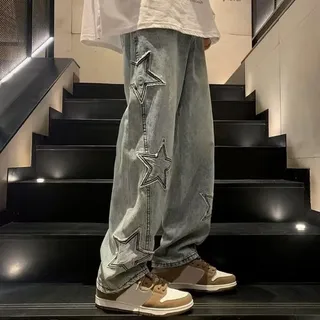 Edgy Oversize Herren Streetwear Weites Bein Jeans Y2K Vintage Star Aesthetic Hose Schwarz Blau (L Blau)