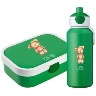 4you Design Set: grüne Brotdose & Trinkflasche für Kinder -BÄR mit Krone- personalisiert mit Namen – inkl. Bento Box, Gabel & Pop-Up Flasche, Einschulung (Grün)
