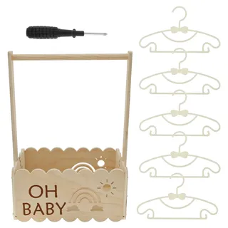 BAODBF Korb für Geschenke Holz,Holzkiste für Babyparty mit 5 Kleiderbügel,Babykorb mit Griff,Holz Baby Geschenk Korb für Babypartykisten aus Wäschekorb Kinder Baby Shower Geschenk(Stil 2)