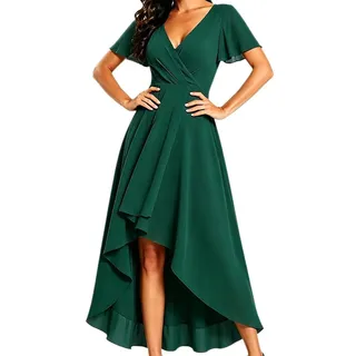 JIAALU Damen Abendkleider V Ausschnitt Rüschenärmel Chiffon Knielanges Abendkleid Hochzeit sgastkleid Elegant Chiffon Für Hochzeit High Low Festliche Kleider Vokuhila Brautjungfernkleid - XXL