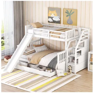 XDeer Kinderbett 90 x 200 über 140 x 200 Etagenbett mit Schubladen, Stauraum und Rutsche, Multifunktional Kinderbett weiß