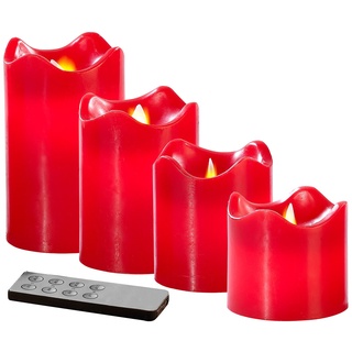 4 Echtwachskerzen mit beweglicher LED-Flamme, abgestuft, rot