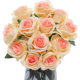 Floralsecret 12 Stück künstliche Rosen, Seidenblumenstrauß, künstlicher einzelner Stiel mit langem Stiel für Zuhause, Hochzeit, Party, Gartendekoration (Champagner)