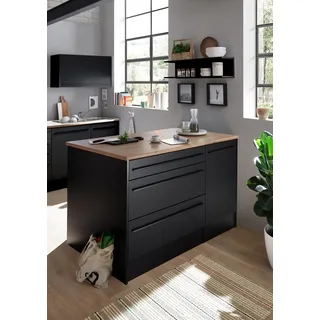 möbelando Jazz Moderne Kücheninsel mit Arbeitsplatte freistehend in Schwarz matt, Lanzelot Eiche Optik - Geräumige Kochinsel mit viel Stauraum - 145 x 90 x 90 cm (B/H/T)