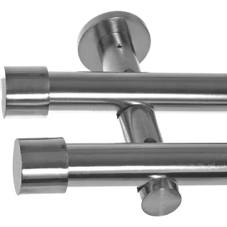 BASIT Gardinenstange Edelstahllook 20mm 2-läufig Wand 160cm lang H41 | Gardinenstangenset doppelläufig Wandmontage Metall Vorhangstange Wandhalterung 120-600cm wählbar Kappe E30