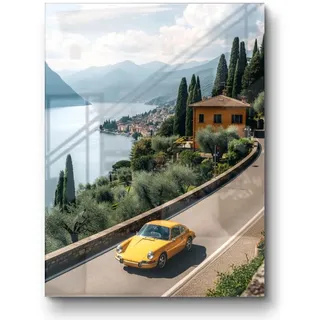 CANVEO Porsche 911 Poster Leinwand Bild, Comer See, Auto Sportwagen Rennwagen Wandbild Wanddeko Deko, Vintage Landschaftsbild Fotografie Druck, Gelber Porsche Bild