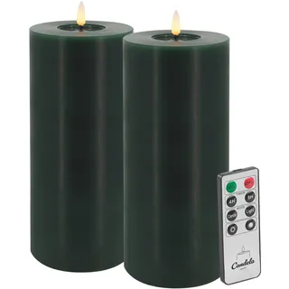 Candela LED Kerzen 2er Set H:25xØ10cm Winter Green Smooth-Finish Echtwachs mit Fernbedienung Timer Funktion & mehrstufig dimmbar flammenlos Echtwachskerzen Stumpenkerze