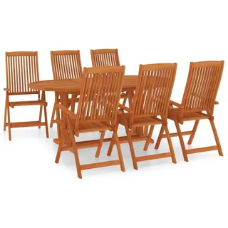 Gartenmöbel-Set, 7-tlg. Essgruppe Massivholz Eukalyptus, ausziehbarer Tisch mit Schirmloch, 6 klappbare Stühle 5-fach verstellbar, 110 kg Traglast - Braun/Bunt