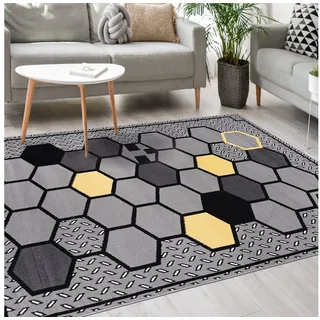 Mazovia Designteppich Modern Teppich Kurzflor Wohnzimmerteppich Robust und pflegeleicht GRAU, 140 x 200 cm, Fußbodenheizung,Allergiker geeignet,Farbecht,Pflegeleicht,Geometrisch gelb|grau 140 x 200 cm