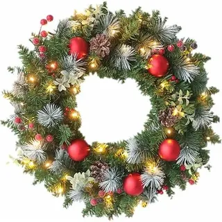 Weihnachtskranz Für Die Eingangstür Mit 20 Leds, Pvc-lichterkette, Batteriebetrieben, Rote Und Grüne Lichterkette Für Die Eingangstür Mit Schleife, Weihnachtskugeln Und Beeren