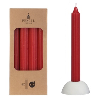 NaDeco Pencil-Kerzen, gerippt, im Set mit 4 Stück, Höhe 24cm, in vielen Farben erhältlich | Stabkerzen | Spitzkerze | Durchgefärbte Kerzen | Taper Candle | Vintage Kerzen, Farbe:Rot