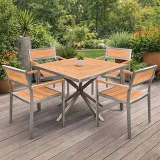 Teako Design Essgruppe 4 Stapelstühle Tisch 120x120 cm Teakholz Edelstahl