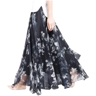 Damen Chiffon Blumen Strandrock Maxirock Langer Rock Gedruckter Chiffonrock Weich Glatt Dünn Cool für Sommer Rocklänge 80cm - Geblümt Schwarz & Weiß #25 - 34-40