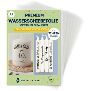 BastelWizard Premium Wasserschiebefolie Transparent – 10 Blatt A4 – Für Tintenstrahldrucker – Perfekt für Kerzentattoos & DIY – Inkjet Folie für Kerzen, Glas, Holz & mehr