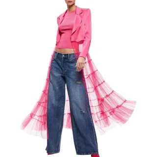 Vagbalena Frauen Satin Tulle Patchwork Leichtes langes Blazer Asymmetrischer Langhemdkleid Tüll Mesh Patchwork Strickjacke Club Partyjacke (Rose,M) - M