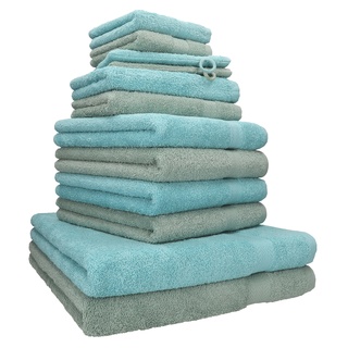 Betz 12-TLG. Handtuch Set Premium 100% Baumwolle 2 Duschtücher 4 Handtücher 2 Gästetücher 2 Seiftücher 2 Waschhandschuhe Farbe heugrün/Ocean