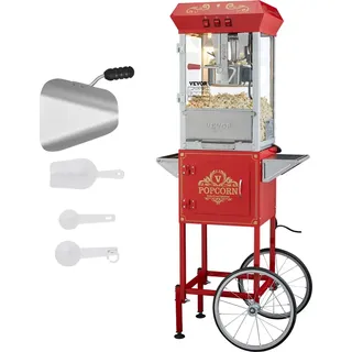 Vevor Popcornmaschine Popcornautomat Popcorngerät mit Wagen 850 W Popcornmaschine 8 oz Kessel für 48 Tassen pro Ladung, Popcornmaschine mit gehärtetem Glas, inkl. 4 Schaufeln, Kino-Stil, rot