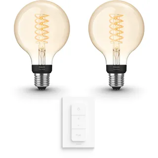 Philips Hue Vorteilspaket - E27 - mit 2 Filament Globe Lampen Klein (G93) - Warmweißes Licht - inkl. 1 Hue Dimmschalter - Hue White Filament