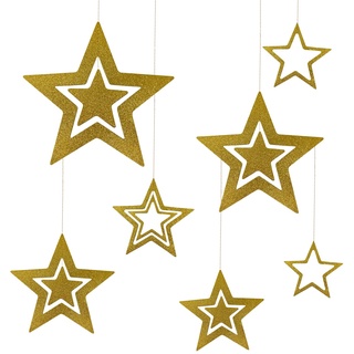 Oblique Unique® Sterne zum Aufhängen 7er Set Glitzer Stern Deckenhänger Deko für Weihnachten Advent und Winter Dekoration Weihnachtsdeko (Stern - Gold)