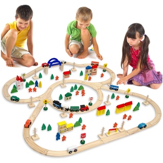 Holzeisenbahn 130 Teile Spielzeug-Eisenbahn inkl. Zubehör Holz-Eisenbahn-Set 5 Meter Schienenlänge