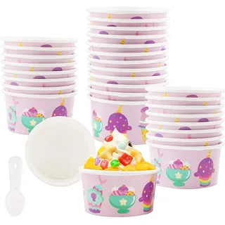 GLAITC Eiscreme-Schalen, 50 Stück, wiederverwendbar, Tassen, Becher, Karton, Dessertbecher, Ice Cream, Joghurt, rund, Rosa, Eiscreme-Gläser mit Löffeln