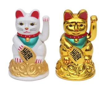 Flanacom Winkekatze Winkende Japanische Glückskatze - Glücksbringer (2-er Set), Gold und Weiß, batteriebetrieben goldfarben