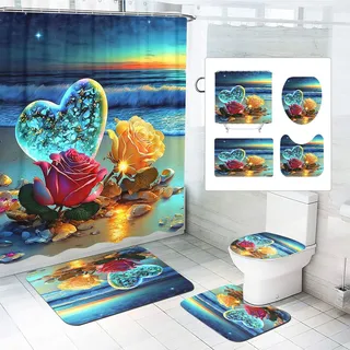 SMchwbc 4Pcs Rose Duschvorhänge Set Blumen Dusche Vorhang Set Mit Teppichen 4-teiliges, Rose Flower Regentropfen-Duschvorhang Rosa Blümchen Shower Curtains wasserdichter (200 x 200 cm(BxH),9)
