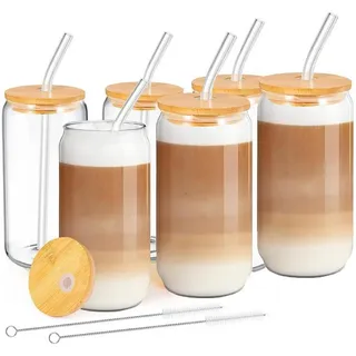 LuxusKollektion Gläser-Set Glas Deckel Strohhalm 500ml Smoothie Eiskaffee Macchiato 6pack beige
