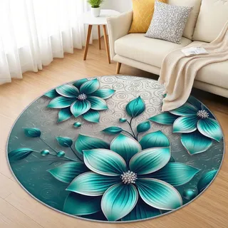 AevuCub Abstrakte Blumen Teppich Rund 60 cm Kurzflor - Waschbare Teppiche Wohnzimmer Türkis - Runder Teppich 60 cm Durchmesser Kinderzimmer - Bettvorleger Schlafzimmer rutschfest Weich