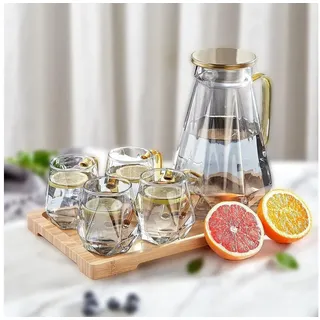DUJUST Wasserkrug Glaskaraffe mit Deckel 2 Liter 4 Tassen Tablett Schwarz Diamant Design