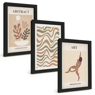 BILDER SET 3er Set - 20x30 cm Schwarzer Rahmen - Matisse Boho abstrakte Muster