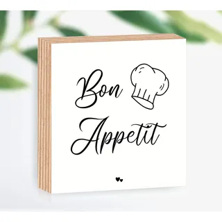 Holzbild Küche Bon Appetit 15x15x2cm zum Hinstellen/Aufhängen 3D, echter Fotodirektdruck mit Spruch auf beschichtetes Birkenholz das perfekte Geschenk für die liebsten Menschen
