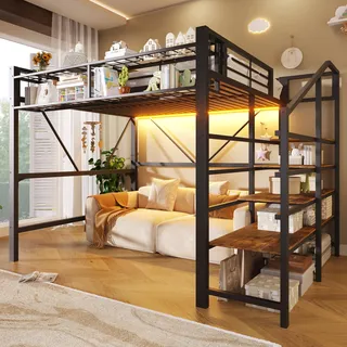 BTM Metall Hochbett 140x200 mit Stauraum, Regal, Aufbewahrungskorb & LED Lichtleiste Hochbett Jugendliche mit Treppe, Schwarz