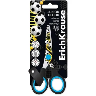 Erich Krause Kinderschere Junior 13cm mit Fußball Motiv ab 3 Jahren - Edelstahlklingen mit abgerundeten Spitzen - Bastelschere mit Anti-Rutsch-Griffen - Papierschere Allzweckschere für Kinder Schwarz