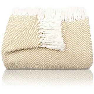 Gräfenstayn Tagesdecke Premium Tagesdecke 100% Baumwolle Fischgrätenmuster Sommerdecke, Wohndecke als Sofa-Überwurf, Bett-Überwurf, Couch-Überwurf, Sofa-Decke beige|braun 220 cm x 240 cm