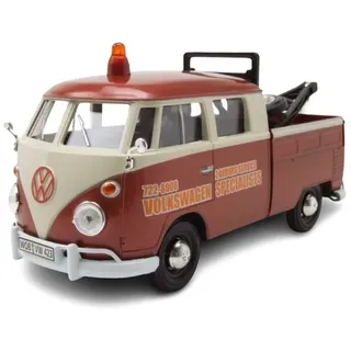 Motormax Modellauto VW T1 Bus DoKa Pritsche braun weiß Abschlepper Volkswagen Specialists, Maßstab 1:24 braun