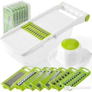 AUNEK Gemüsehobel, Multifunktions-Gemüsehobel mit 8 austauschbaren Klingen aus Edelstahl, Sicherheitshandschutz & Behälter, Julienne-Schneider für Kartoffeln, Salate, Obst