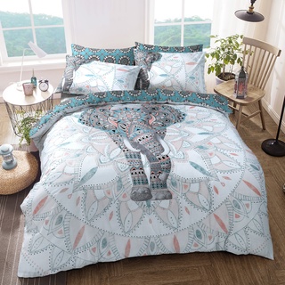 Sleepdown Doppelseitiger Bettbezug mit Elefanten-Mandala in Blaugrün, pflegeleicht, Anti-allergen, weich und glatt, mit Kissenbezügen (für Doppelbett)