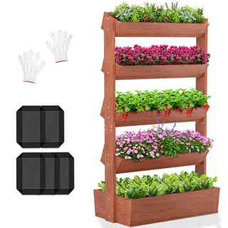Vertikales Holz Hochbeet mit 5 Etagen Premium Blumenkasten, Frei stehender Blumentreppe Pflanztreppe Gemüsebeet Kräuterbeet Blumenbeet Pflanzkasten für Kräuter, Gemüse, Blumen