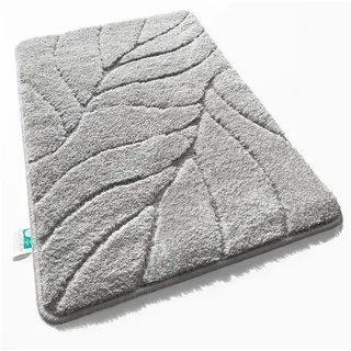 Floordirekt Badematte Maris – Flauschiger Badteppich, Blattstruktur, rutschfest & waschbar, rutschhemmend beschichtet, fußbodenheizungsgeeignet, schnell trocknend, Polyester, für Fußbodenheizung geeignet, dichter Flor, 80x150 cm, Silber silberfarben 80 cm x 150 cm