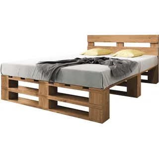 Lermowood Palettenbett M2 aus Holz 180 x 200 cm Eiche mit Kopfteil Holzbett 40cm Stabiles Seniorenbett Kinderbett Jugendbett Gästebett erhöhtes Einzelbett Bettgestell Futonbett Komforthöhe Naturholz