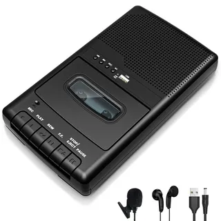 Tragbarer Kassettenrecorder mit One Touch Aufnahme, Mobiler Kassettenspieler & USB-Digitalisierer,Kassettenspieler-Recorder,Eingebauter Lautsprecher, Ausziehbarer Griff, 3,5-mm-Kopfhörer,Schwarz