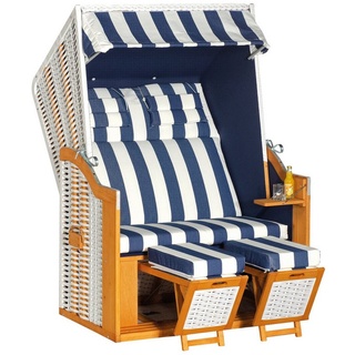 SunnySmart Strandkorb Rustikal 34 Z, BxTxH: 125,00x80,00x160,00 cm, Halblieger, Ostsee-Modell, (Halbliegemodell), Kunststoffgeflecht weiß, Pinienholz teakfarben gebürstet, 2-Sitzer weiß