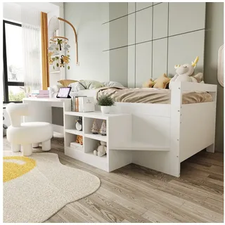 Flieks Kinderbett, Halbhochbett 90x200cm mit Schreibtisch, Schrank und Aufladenfunktion weiß