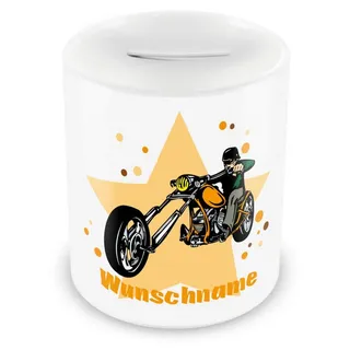 Samunshi® Kinder Spardose mit Namen und Motorrad-Chopper als Motiv für Kinder - Jungen und Mädchen Sparschwein 330ml weiß