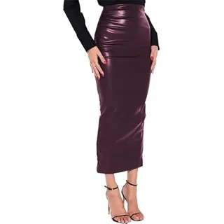 Street High Waist Skinny PU Leather Midi Skirt Elegant Slim Office Lady Pencil Skirt Womens Matte Leather Hobble Skirt